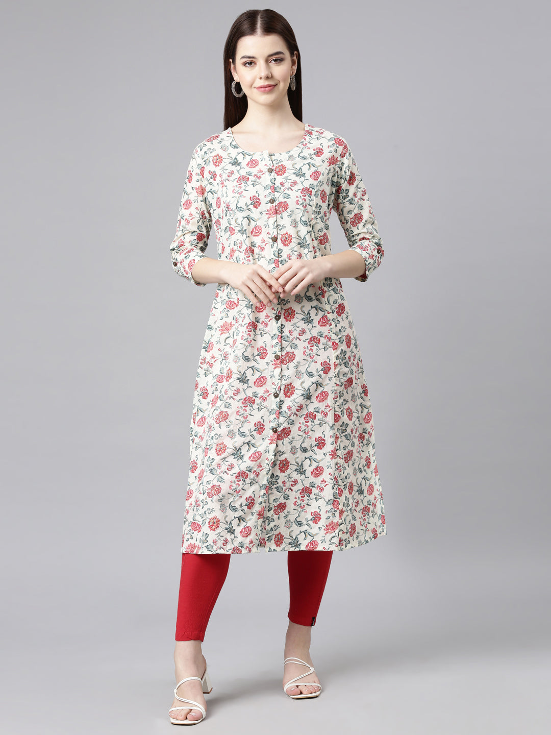 Neerus Red Straight Casual Floral Straight Kurtas