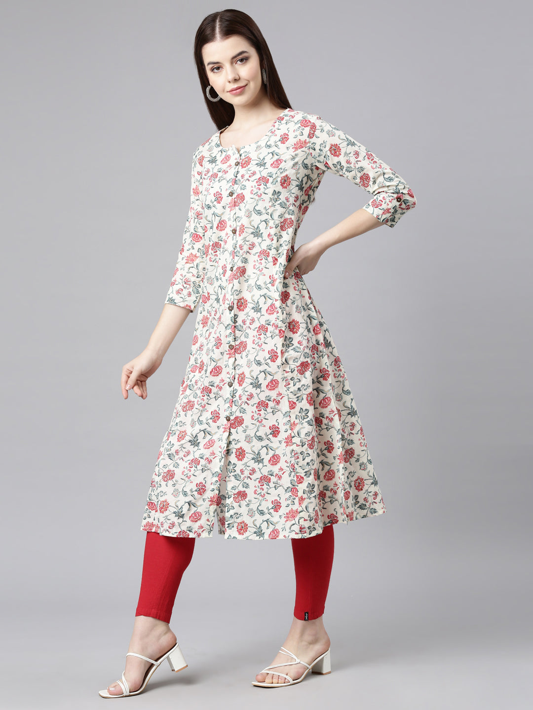 Neerus Red Straight Casual Floral Straight Kurtas