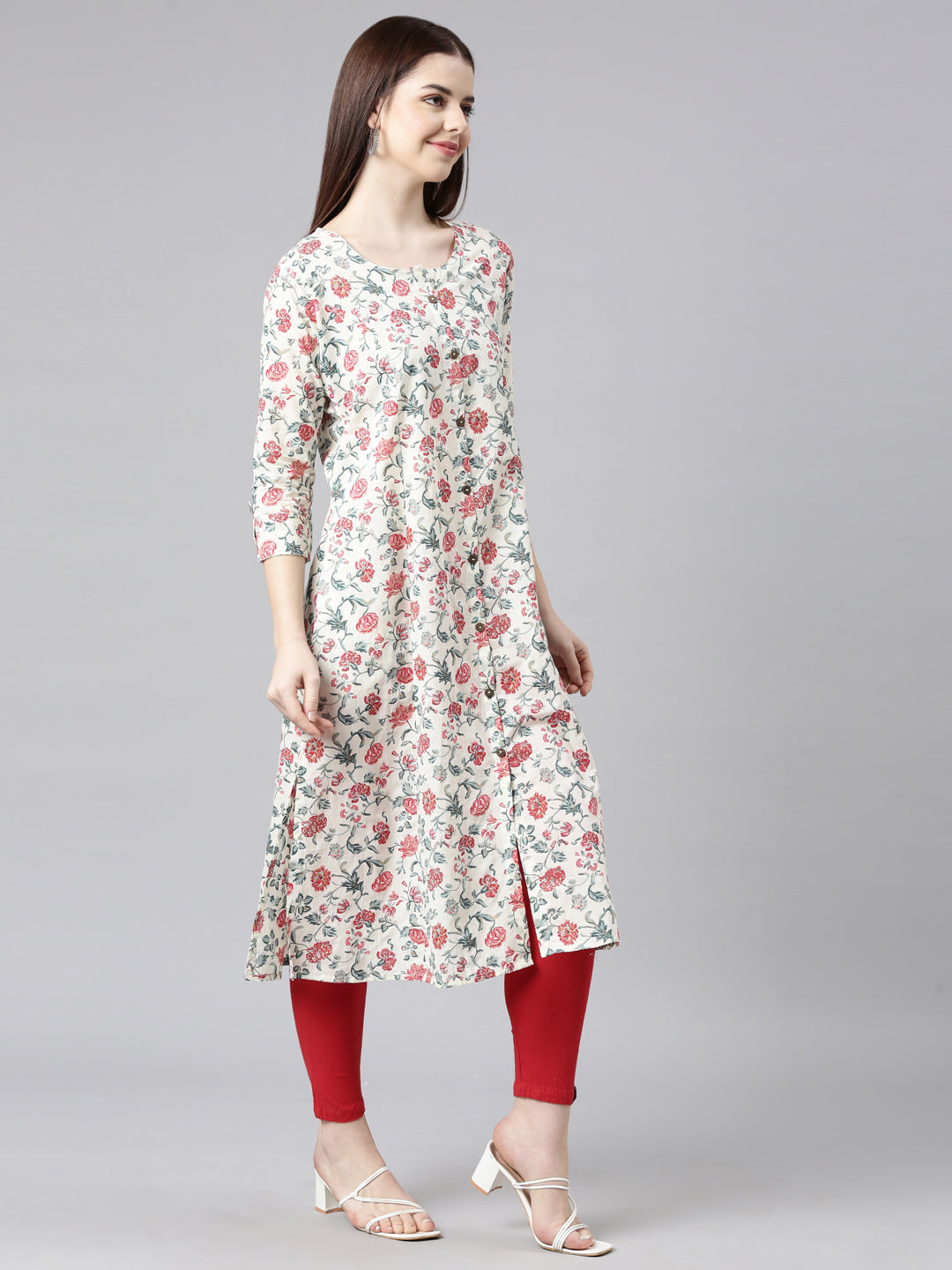 Neerus Red Straight Casual Floral Straight Kurtas