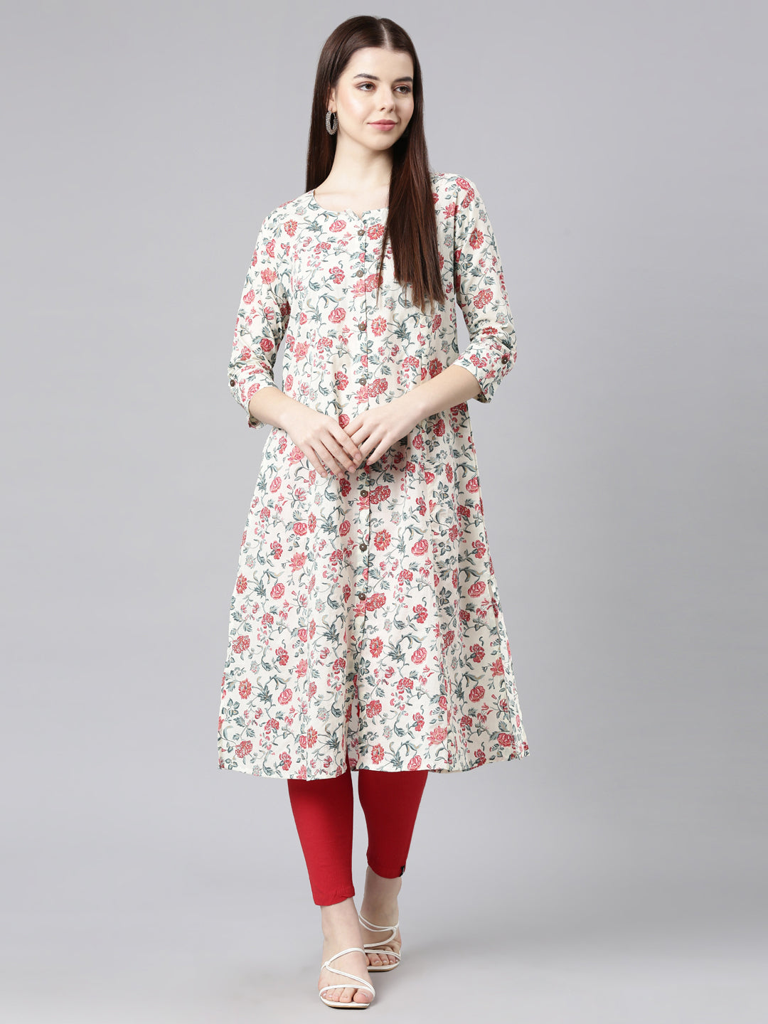 Neerus Red Straight Casual Floral Straight Kurtas