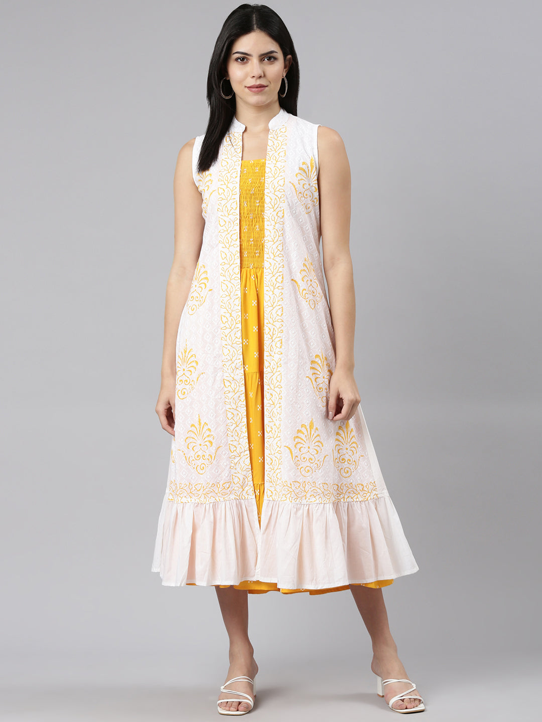 Neeru's Mustard Straight Casual Floral Dresses