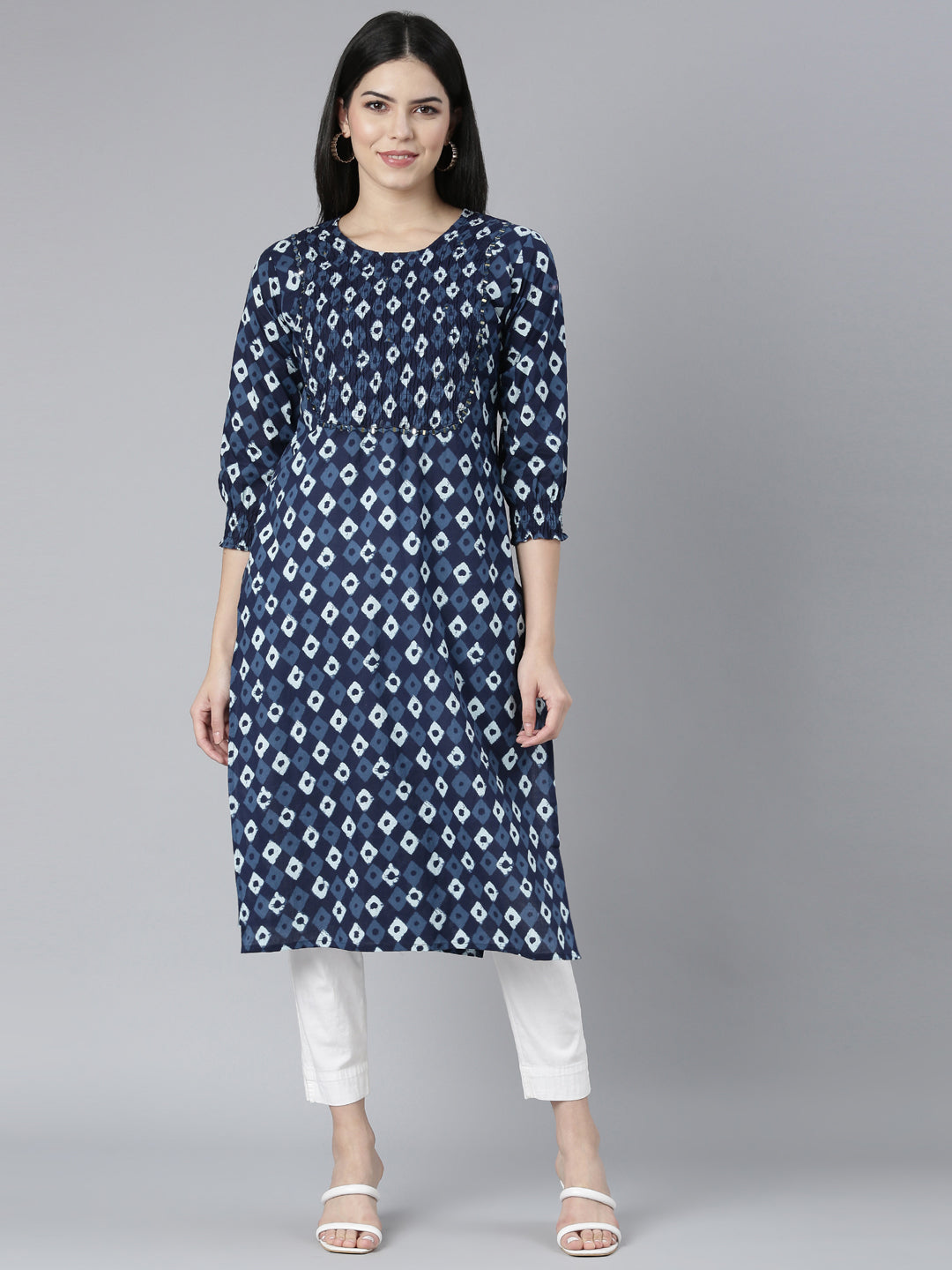 Neerus Blue Regular Straight Bandhani Kurtas