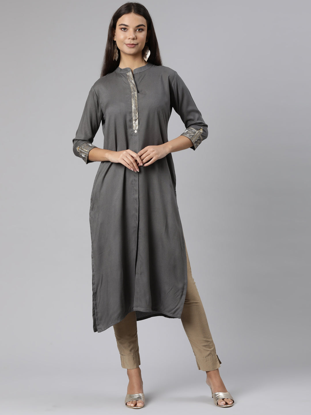 Neeru's Grey Regular Straight Solid Kurtas