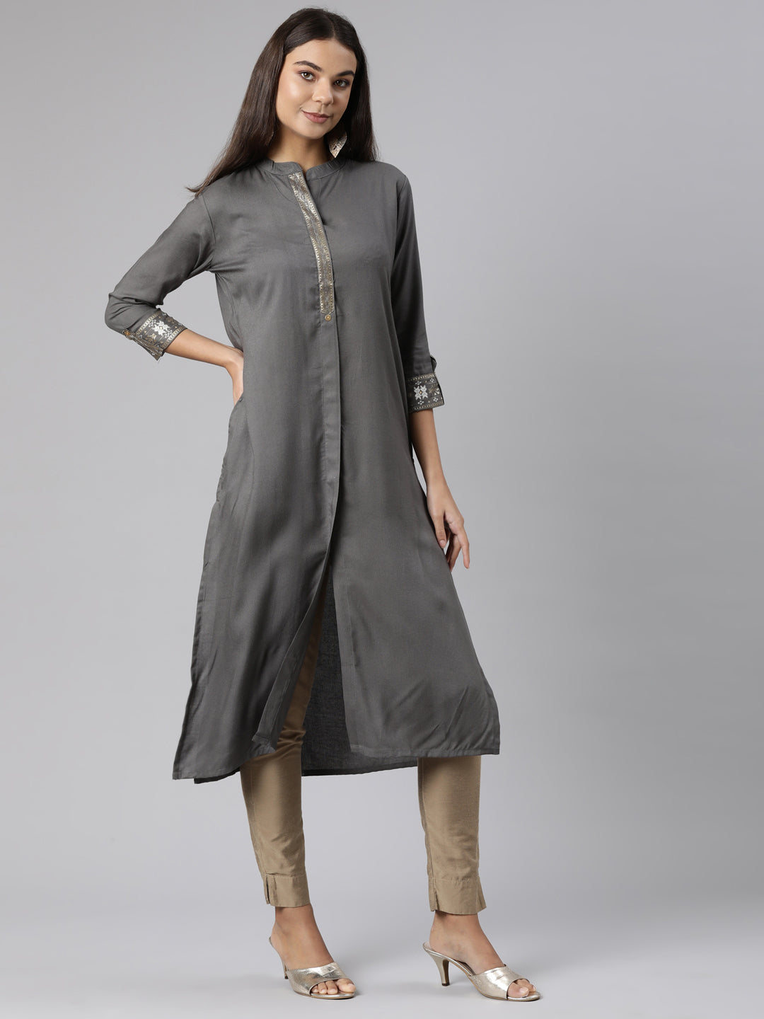 Neeru's Grey Regular Straight Solid Kurtas