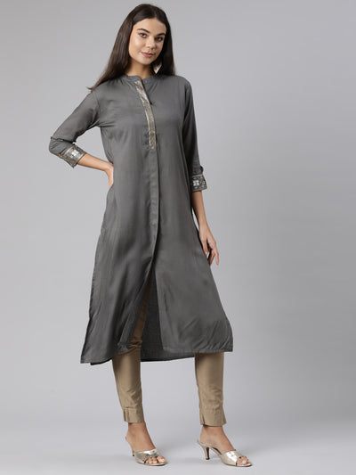 Neeru's Grey Regular Straight Solid Kurtas