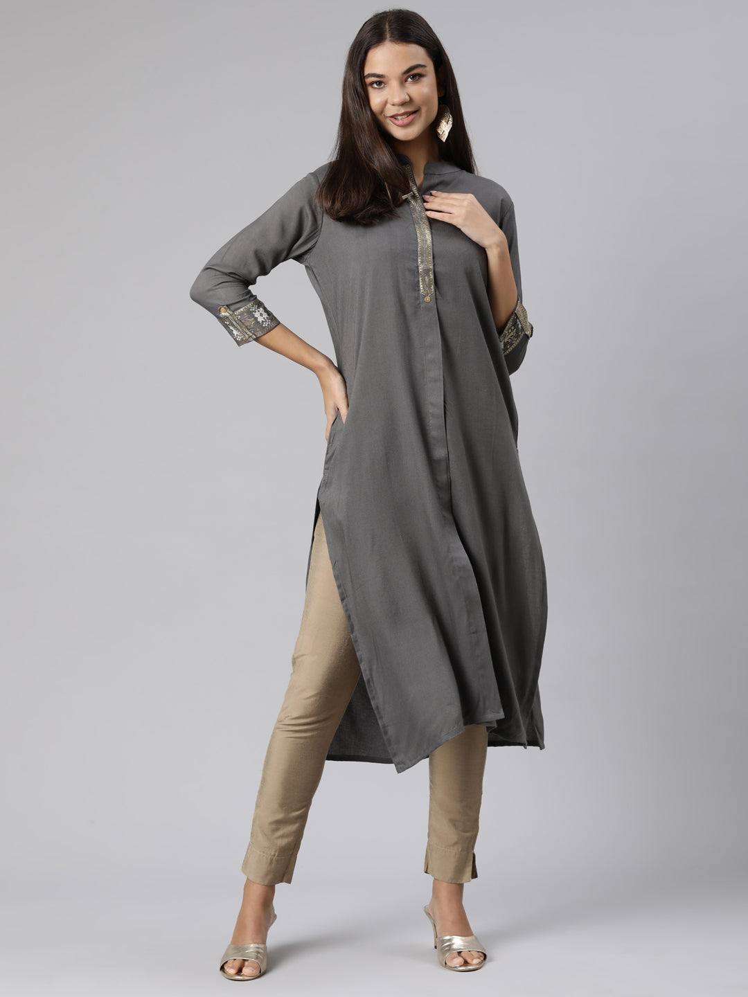 Neeru's Grey Regular Straight Solid Kurtas