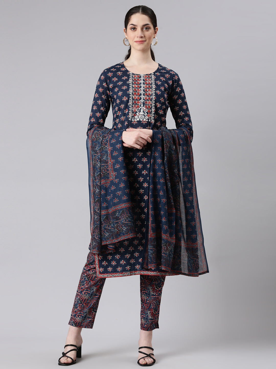 Neerus Women Navy Blue Straight Kurta and Trousers With Dupatta