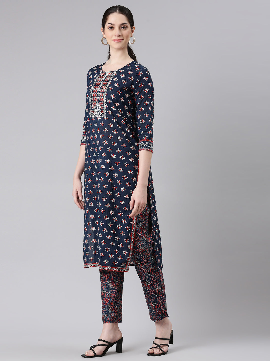 Neerus Women Navy Blue Straight Kurta and Trousers With Dupatta