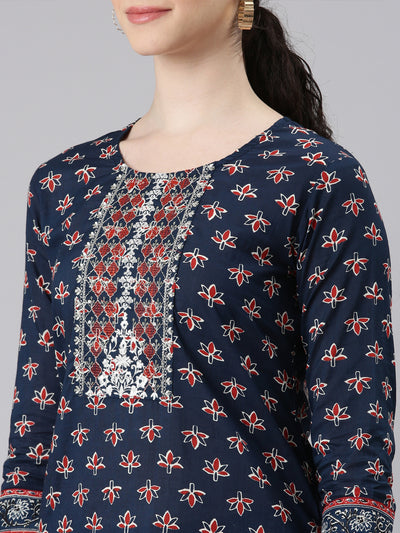 Neerus Women Navy Blue Straight Kurta and Trousers With Dupatta