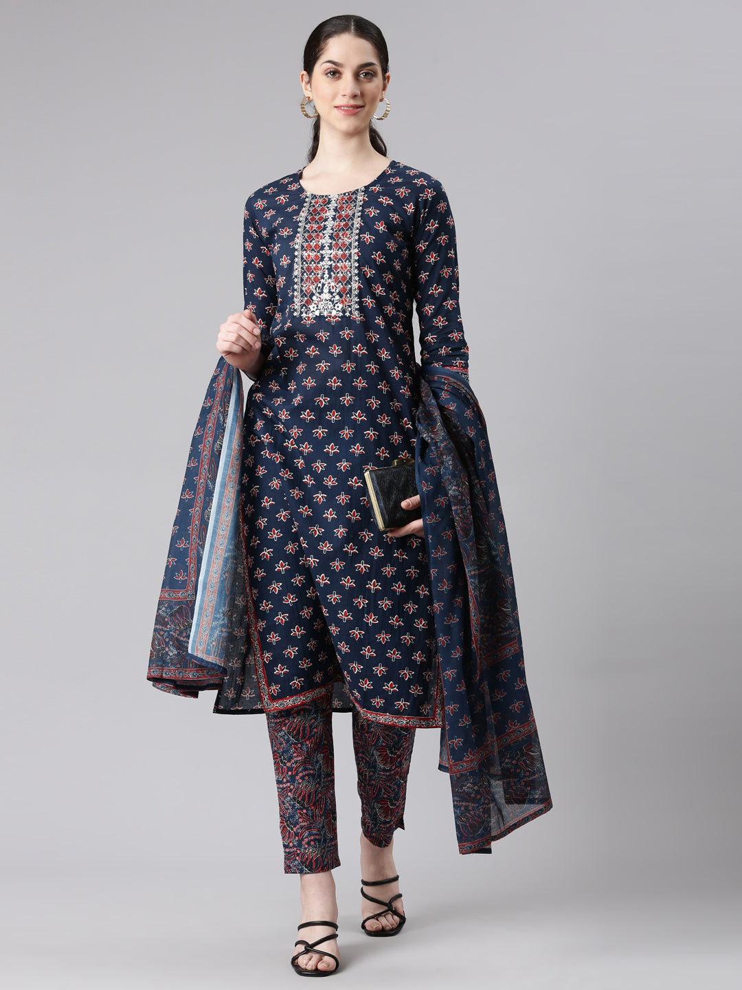 Neerus Women Navy Blue Straight Kurta and Trousers With Dupatta