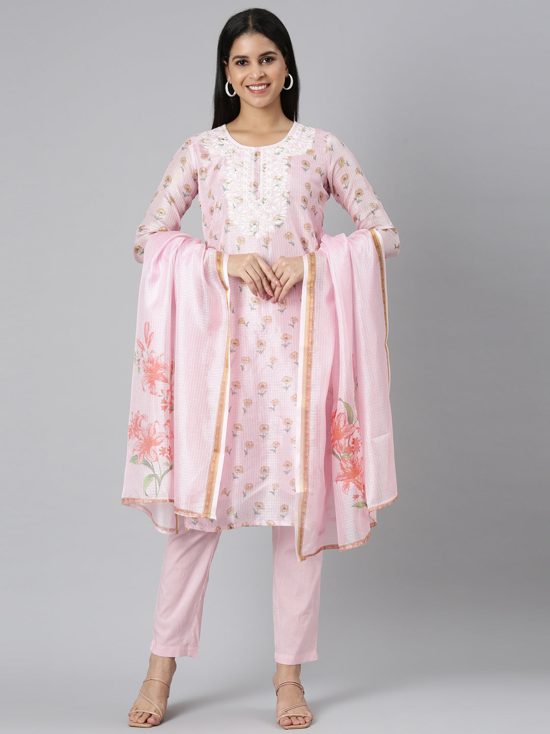 Neerus Pink Regular Straight Printed Kurta and Trousers With Dupatta