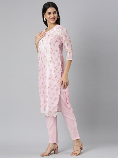 Neerus Pink Regular Straight Printed Kurta and Trousers With Dupatta