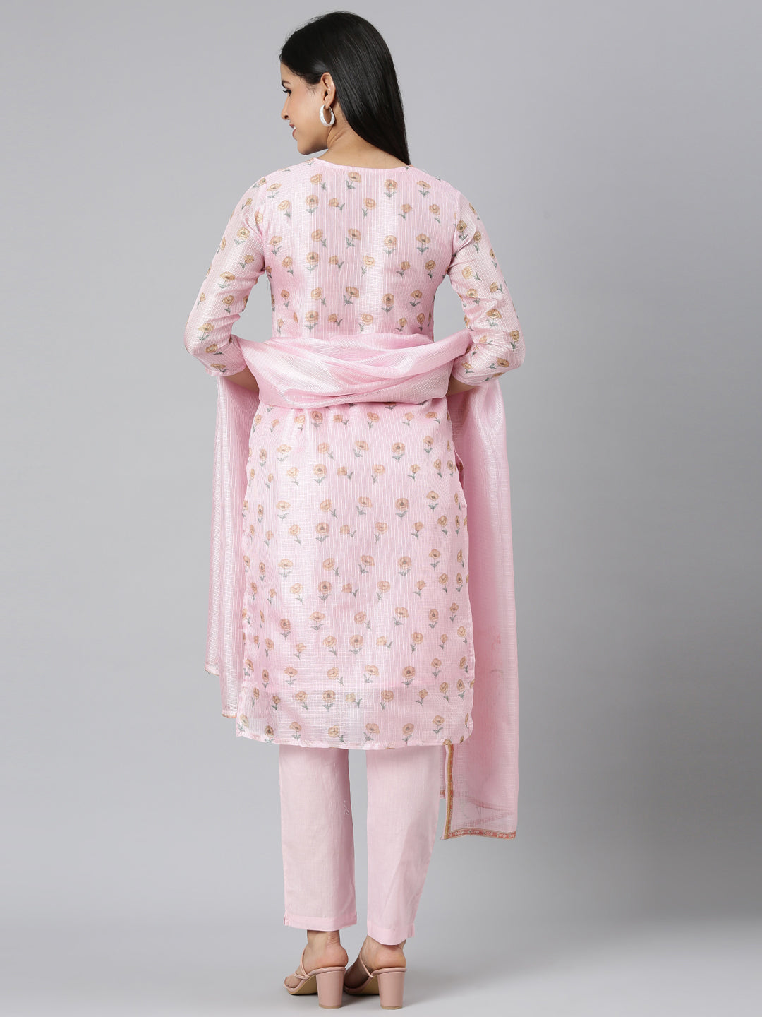 Neerus Pink Regular Straight Printed Kurta and Trousers With Dupatta