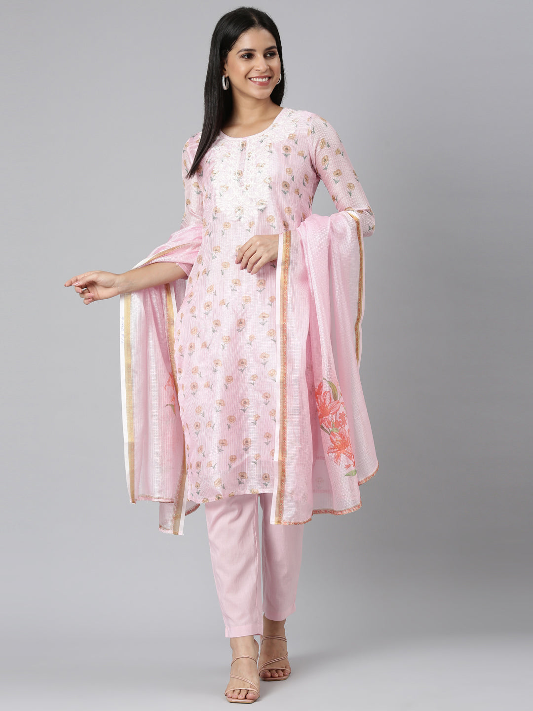 Neerus Pink Regular Straight Printed Kurta and Trousers With Dupatta