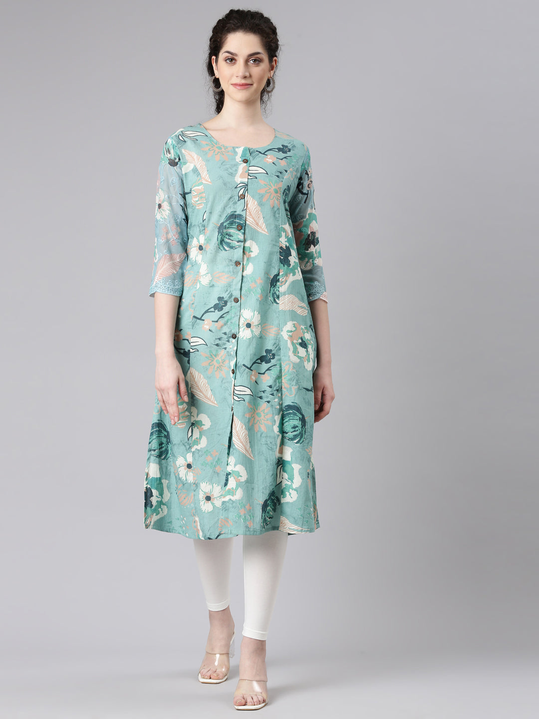 Neerus Blue Curved Casual Floral Panelled Kurtas