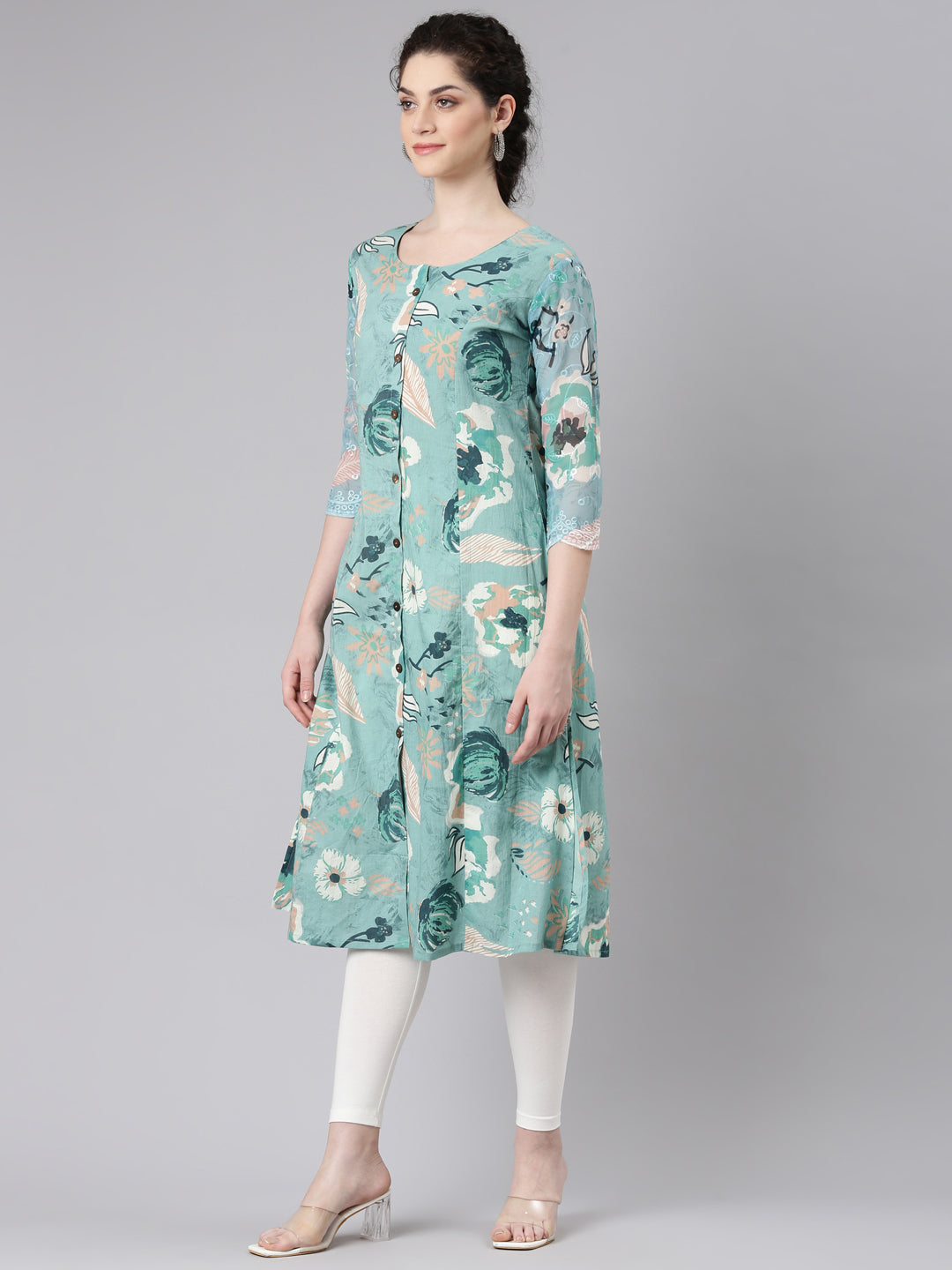 Neerus Blue Curved Casual Floral Panelled Kurtas