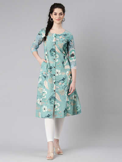 Neerus Blue Curved Casual Floral Panelled Kurtas