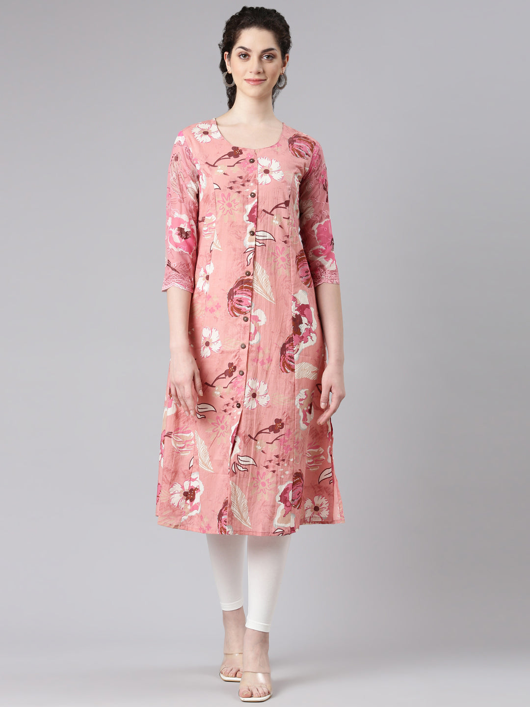 Neerus Pink Curved Casual Floral Panelled Kurtas