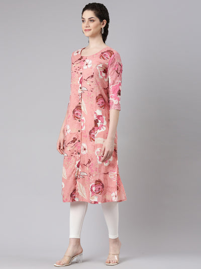 Neerus Pink Curved Casual Floral Panelled Kurtas