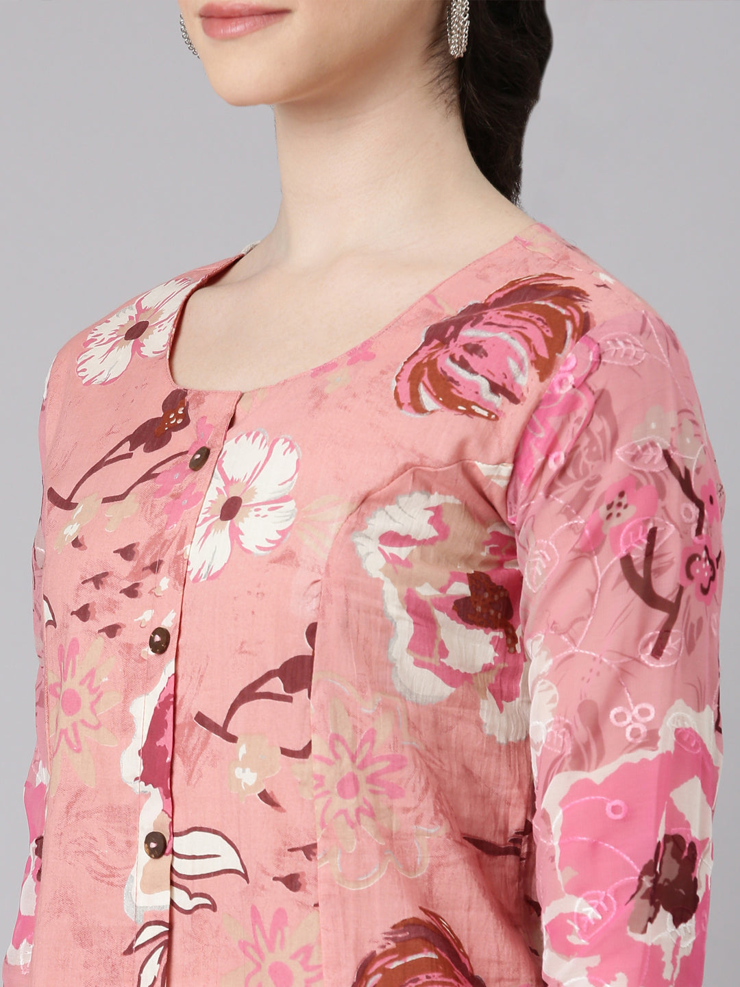 Neerus Pink Curved Casual Floral Panelled Kurtas