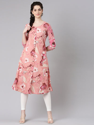 Neerus Pink Curved Casual Floral Panelled Kurtas