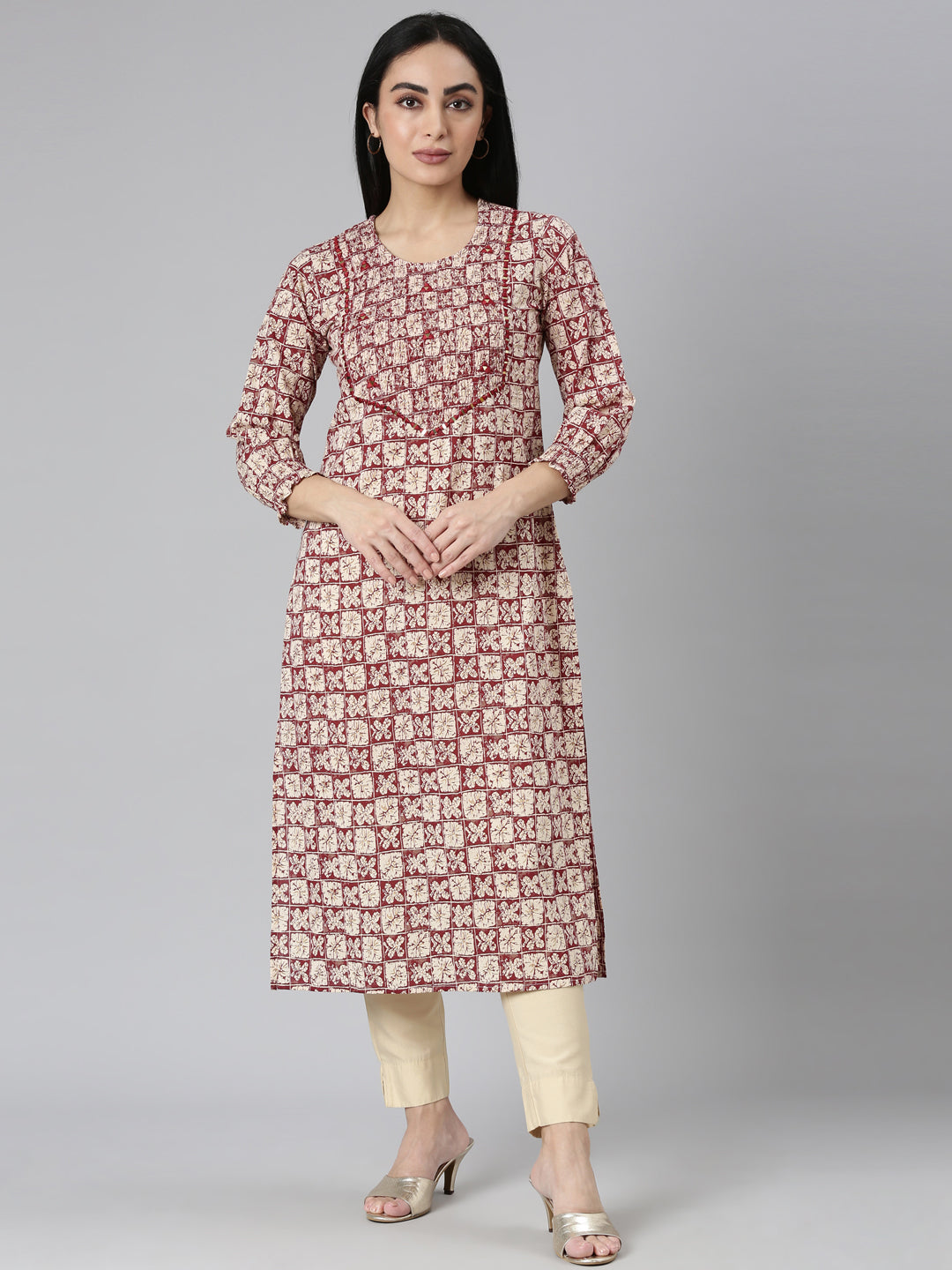 Neerus Maroon Straight Casual Colourblocked Straight Kurtas