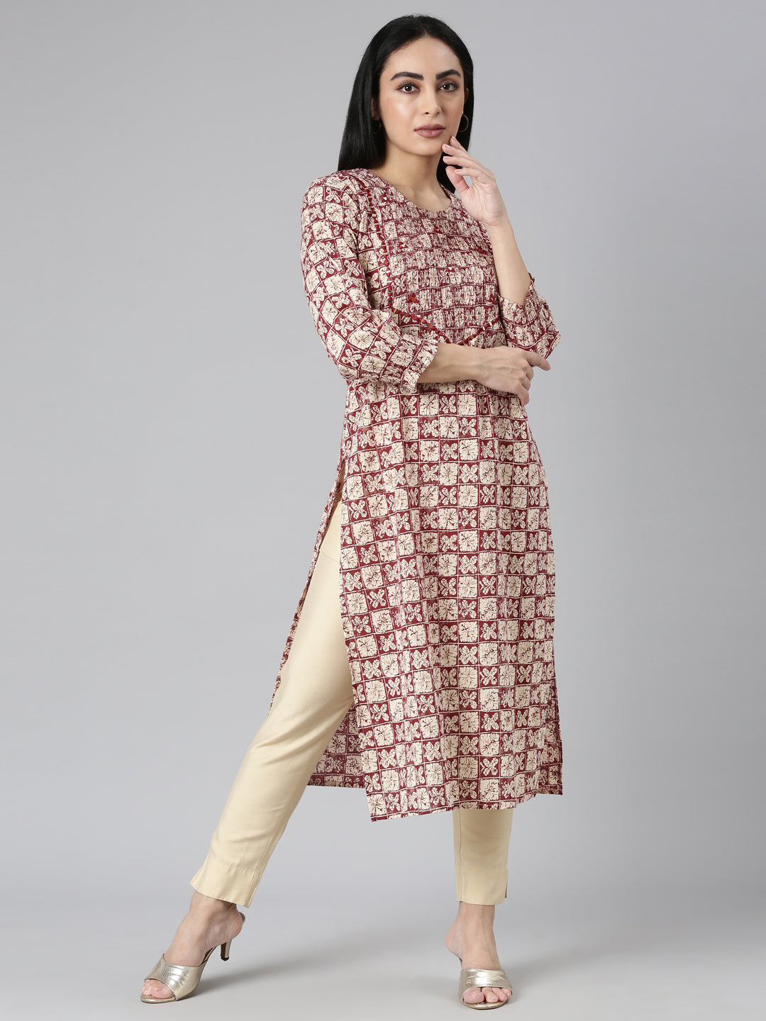 Neerus Maroon Straight Casual Colourblocked Straight Kurtas