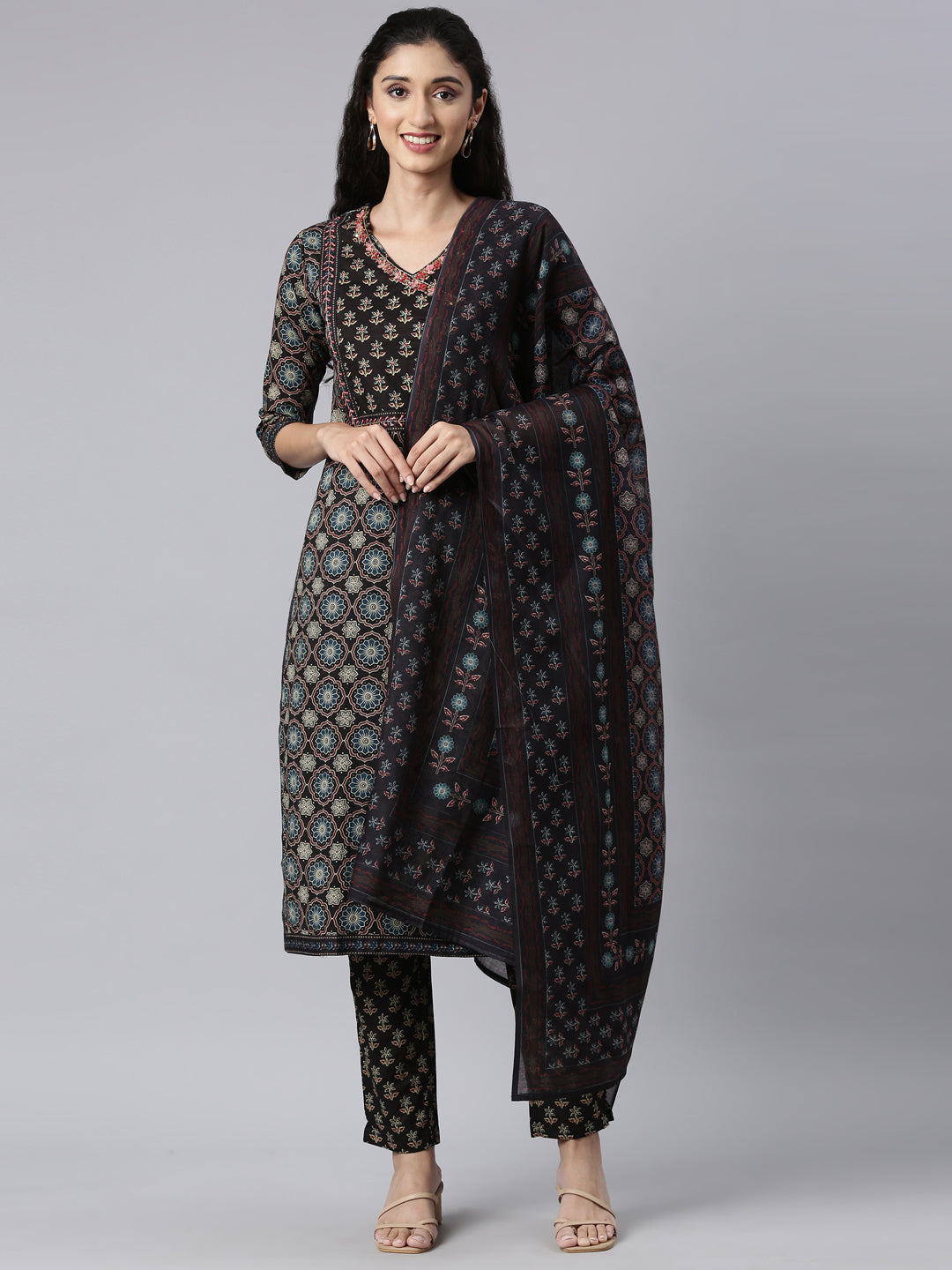 Neerus Black Panelled Straight Kurta and Trousers With Dupatta