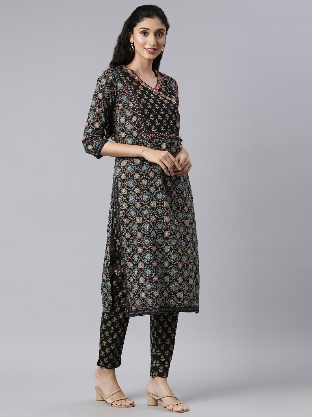 Neerus Black Panelled Straight Kurta and Trousers With Dupatta