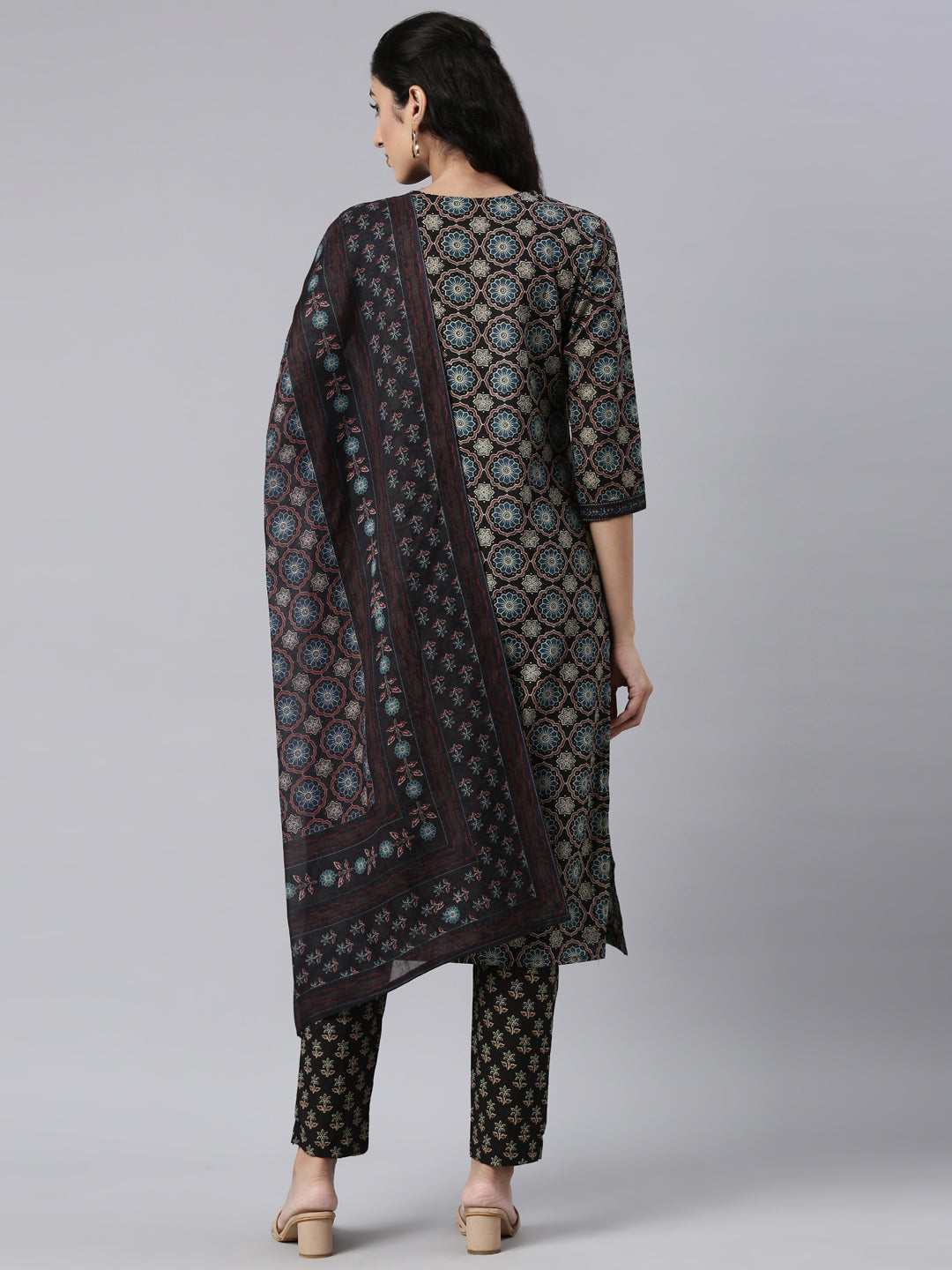 Neerus Black Panelled Straight Kurta and Trousers With Dupatta