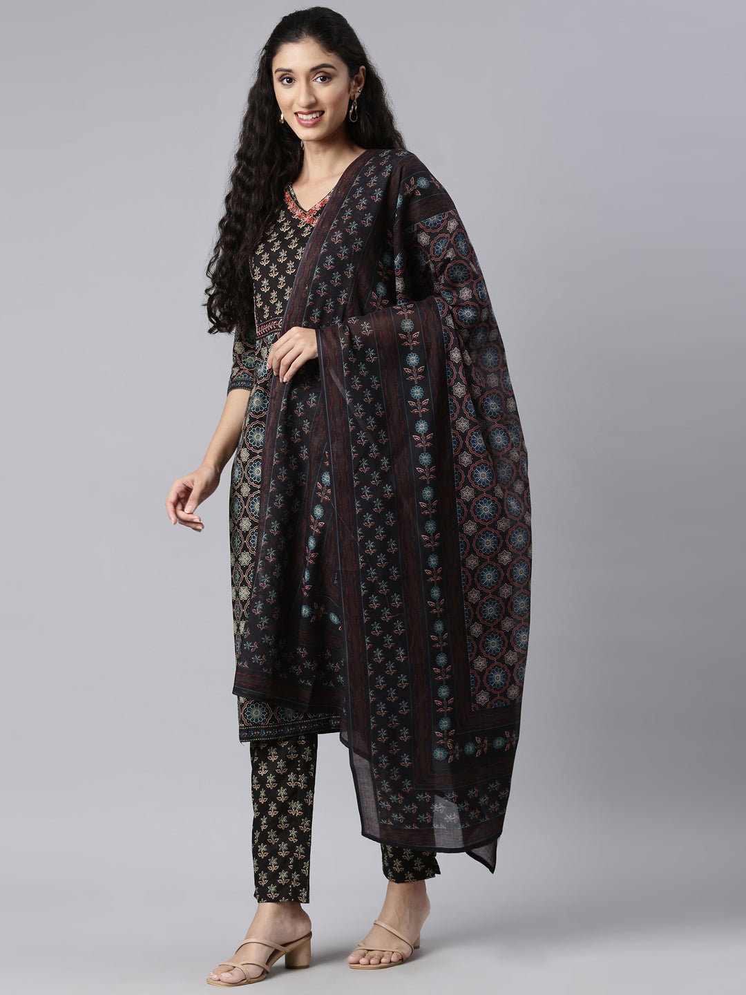 Neerus Black Panelled Straight Kurta and Trousers With Dupatta