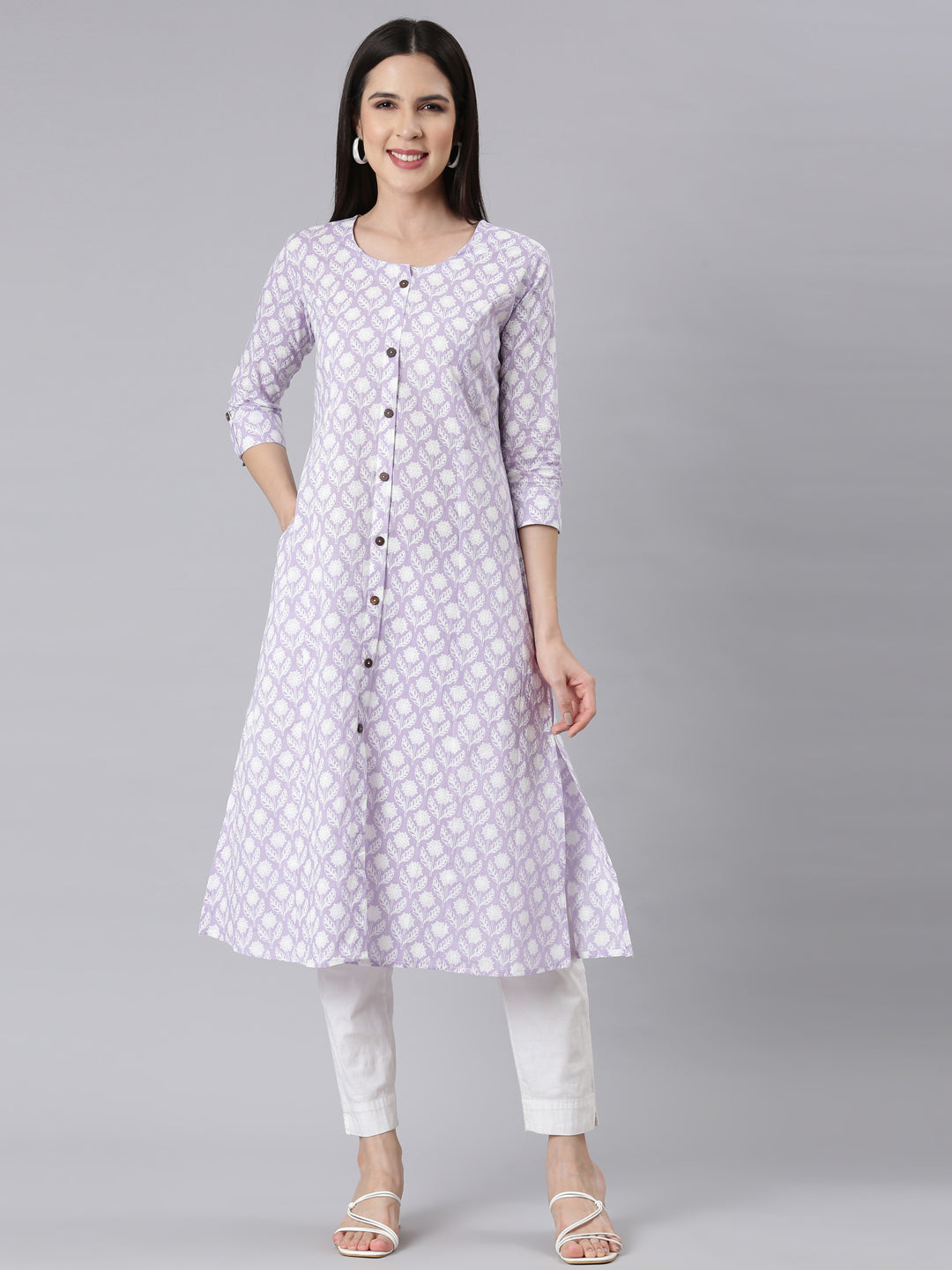 Neerus Lavender Panelled Straight Floral Kurtas