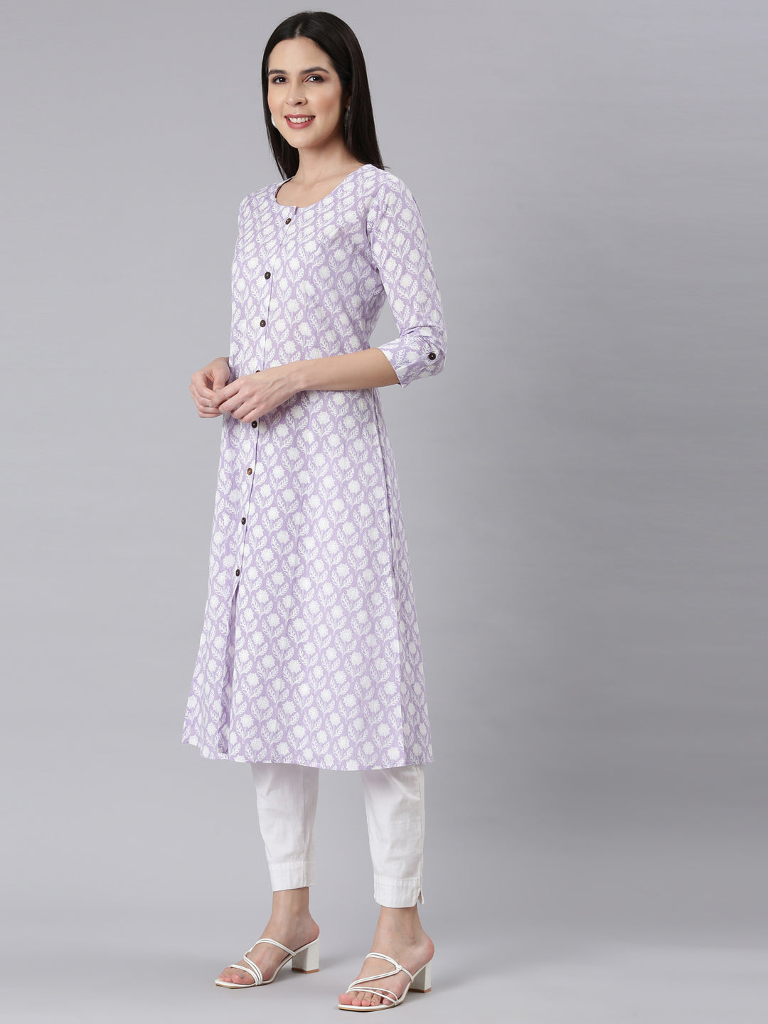 Neerus Lavender Panelled Straight Floral Kurtas