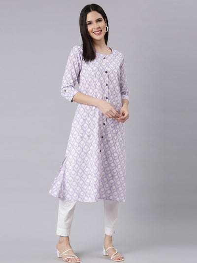 Neerus Lavender Panelled Straight Floral Kurtas