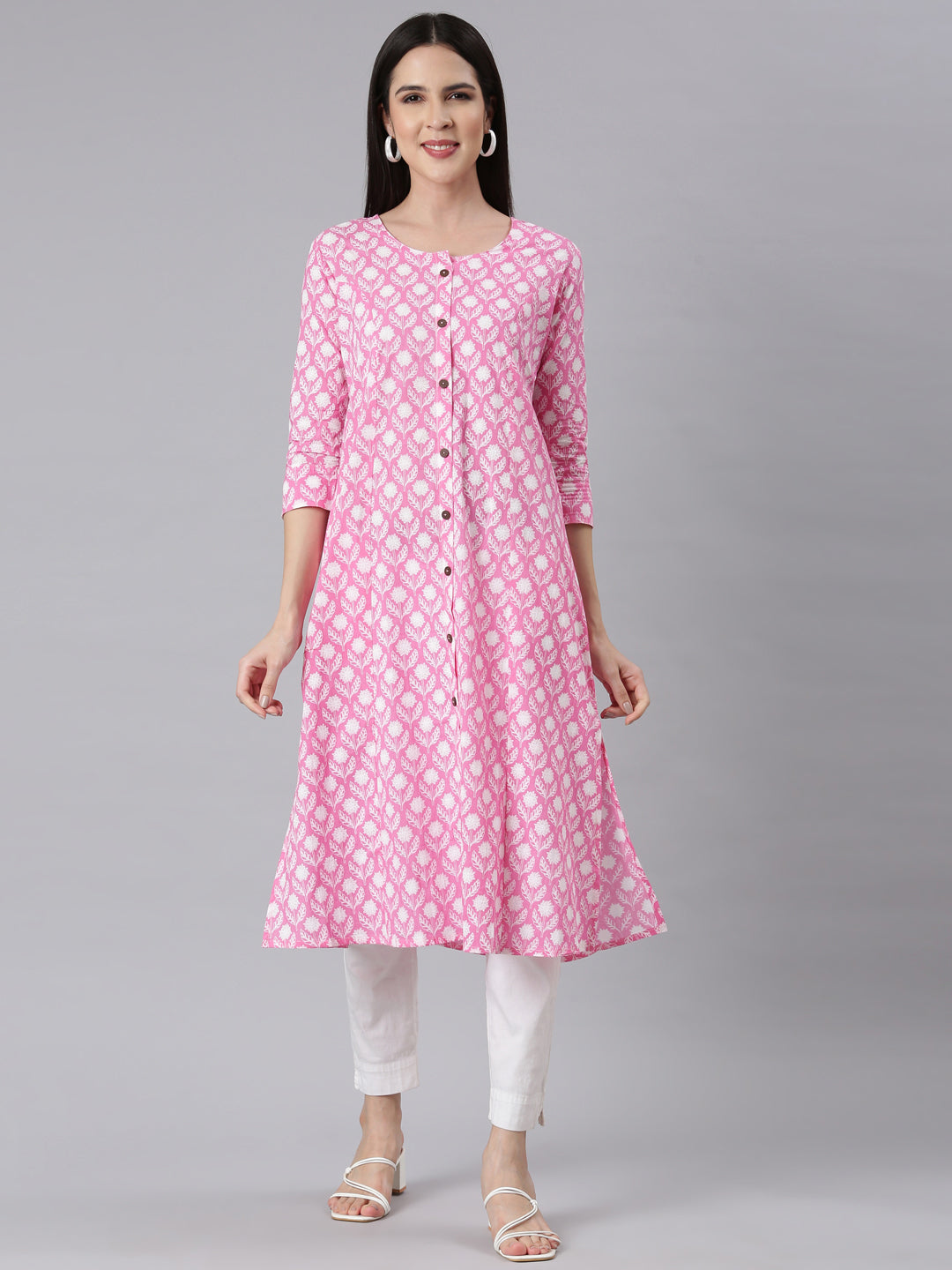 Neerus Pink Panelled Straight Floral Kurtas