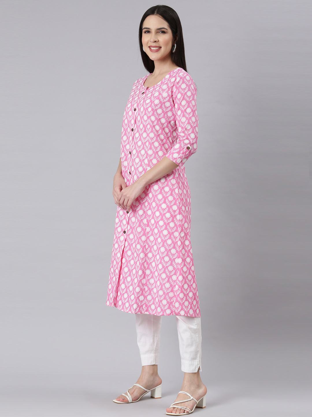 Neerus Pink Panelled Straight Floral Kurtas