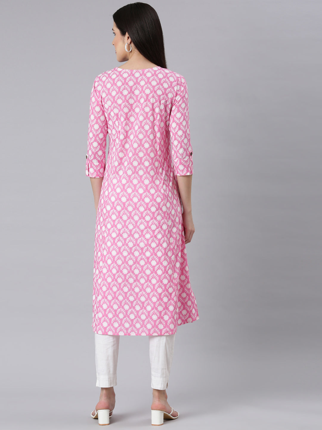 Neerus Pink Panelled Straight Floral Kurtas