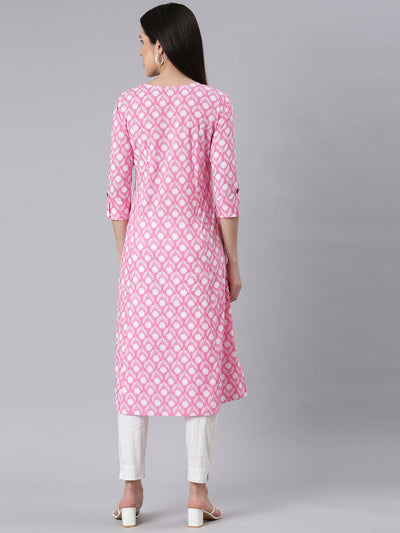 Neerus Pink Panelled Straight Floral Kurtas