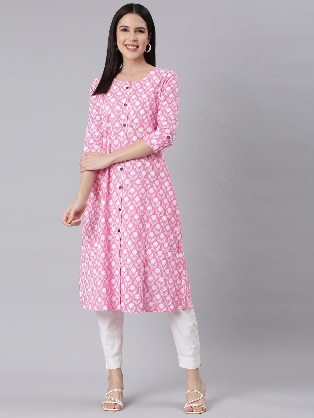 Neerus Pink Panelled Straight Floral Kurtas