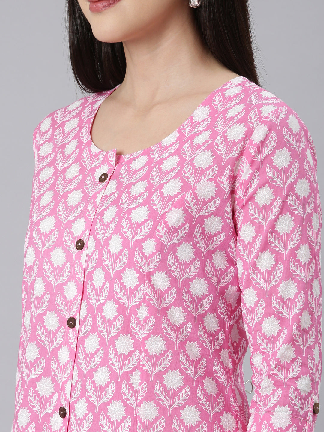 Neerus Pink Panelled Straight Floral Kurtas