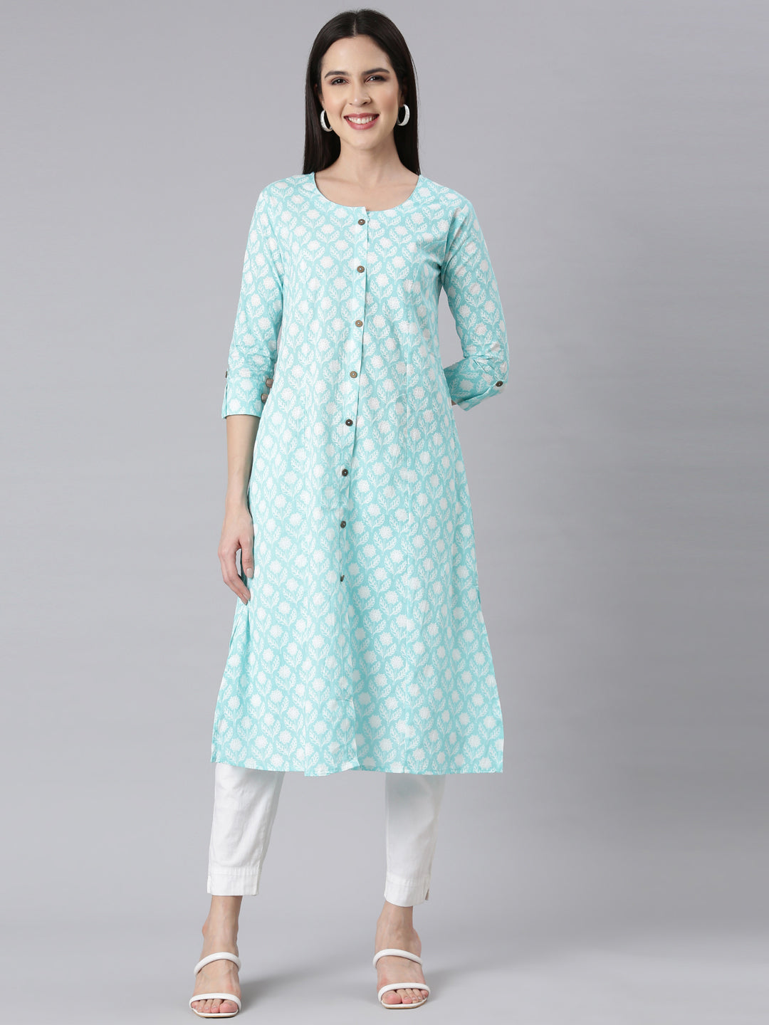 Neerus Sea Green Panelled Straight Floral Kurtas