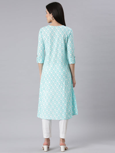 Neerus Sea Green Panelled Straight Floral Kurtas