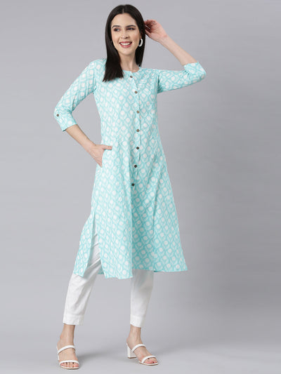 Neerus Sea Green Panelled Straight Floral Kurtas