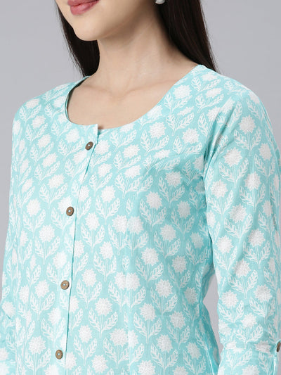 Neerus Sea Green Panelled Straight Floral Kurtas