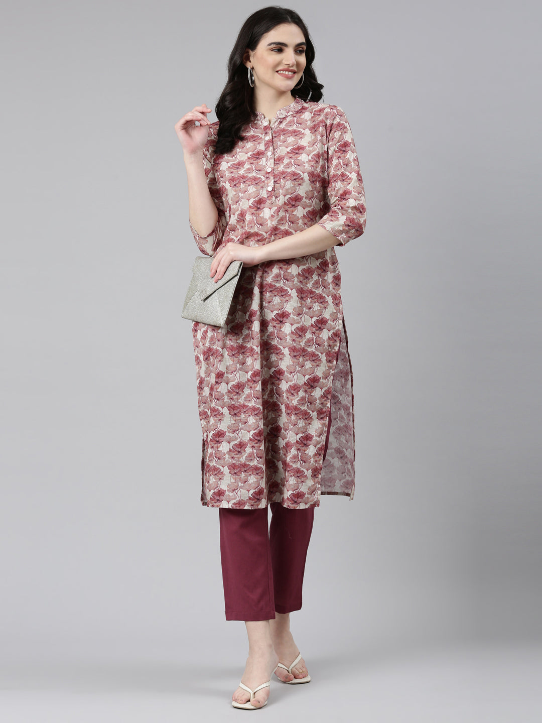 Neeru's Pink Regular Straight Printed Kurta And Trousers