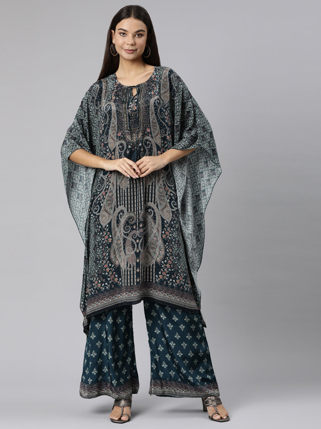 Neeru's Green Regular High-Low Paisley Kurta And Palazzos