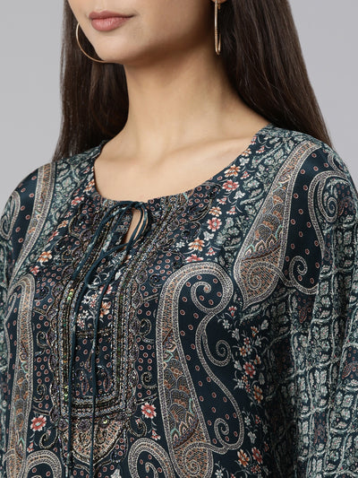 Neeru's Green Regular High-Low Paisley Kurta And Palazzos