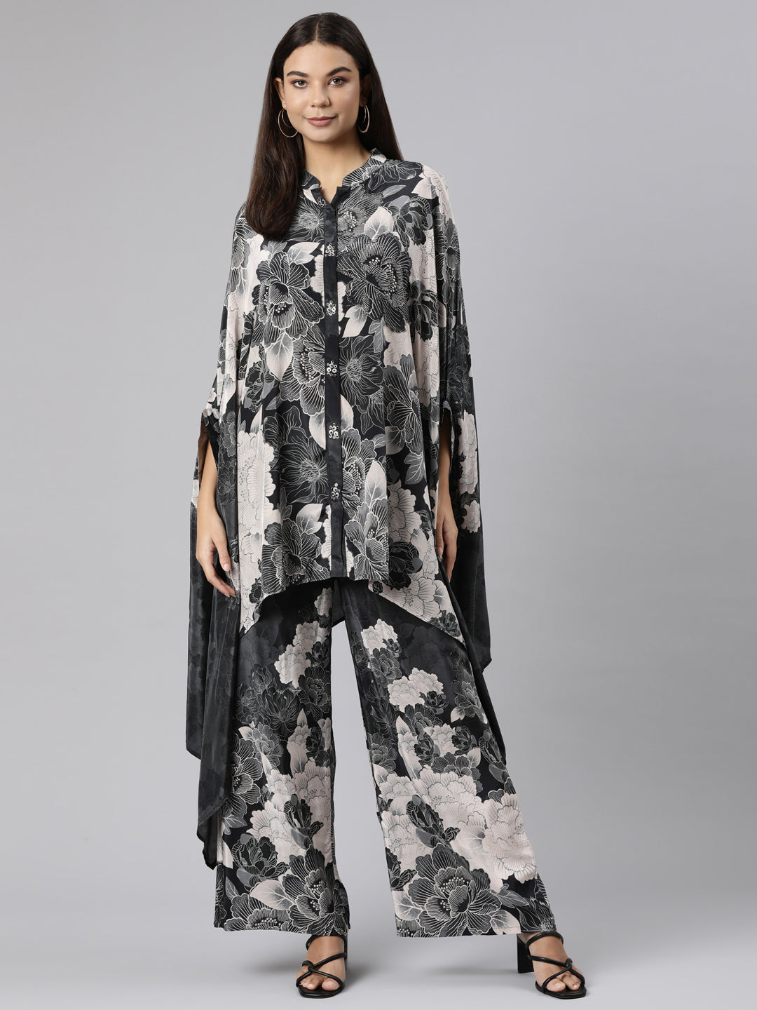 Neeru's Grey Regular High-Low Floral Kaftan Kurta Palazzos