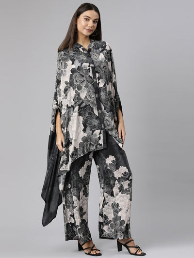 Neeru's Grey Regular High-Low Floral Kaftan Kurta Palazzos