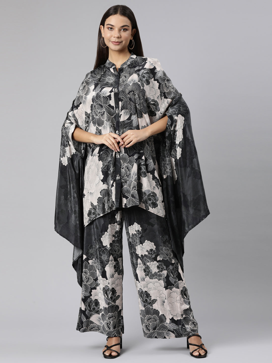 Neeru's Grey Regular High-Low Floral Kaftan Kurta Palazzos